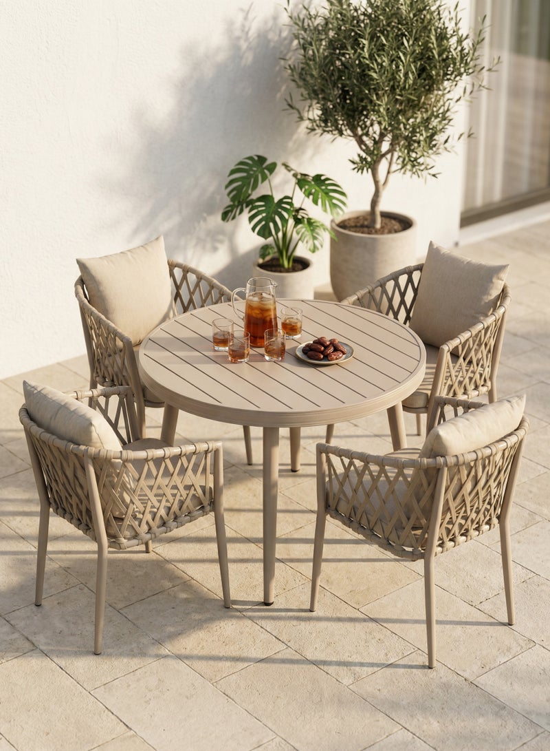 صن رايز طقم طاولة وكراسي خارجية 5 قطع من الألمنيوم، طاولة دائرية و4 كراسي بحبل منسوج مع وسائد، للتراس والحديقة والشرفة - Image 1